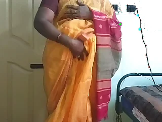 desi  indian lickerish tamil telugu kannada malayalam hindi cheating join in matrimony vanitha wearing orange colour saree  showing chubby boobs and shaved pussy press hard boobs press nip rubbing pussy masturbation